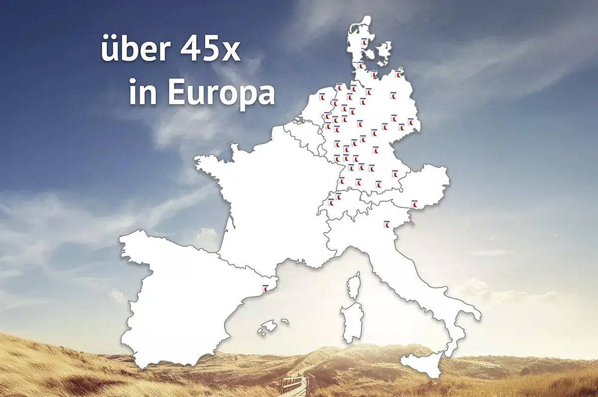 Sie profitieren von über 45 Servicepartnern in ganz Europa. Eine Karte von Europa mit Markierungen der Fachhändler von InterCaravaning.